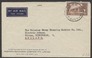 Commonwealth Postal History - 1951 commercial airmail cover to England with scarce franking of Parliament House 1/6d tied by Perth cds.