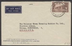 Commonwealth Postal History - 1951&nbsp;commercial airmail cover to England with scarce franking of Parliament House 1/6d tied by Perth cds.