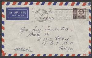 Commonwealth Postal History - 1953 cover sent airmail to serviceman "Yeo. Sig. Tant F.A., Mess 15, HMS "Glory", c/- BFMO Tokyo, Japan" on board British Aircraft Carrier serving in the Korean War endorsed "H. M. Ships in Korea" with single franking QE 1d P