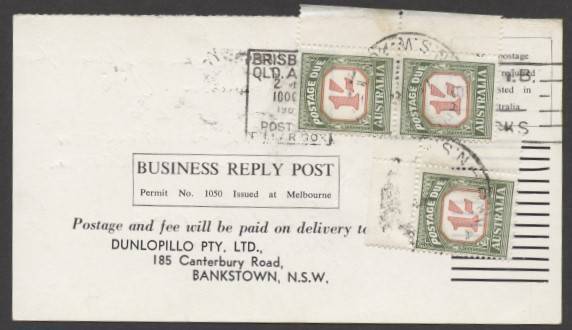 Commonwealth Postal History - 1961 Dunlopillo business reply postcard returned unfranked as intended with €˜BRISBANE/QLD AUST/10OCT/1961/POSTED/PILLAR BOX€™ machine cancel and 1/- Postage Dues x3 affixed tied €˜BANKSTOWN/12OC61/N.S.W-AUST€™ d/s to pay 5d