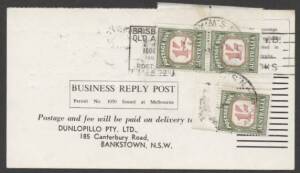 Commonwealth Postal History - 1961 Dunlopillo business reply postcard returned unfranked as intended with €˜BRISBANE/QLD AUST/10OCT/1961/POSTED/PILLAR BOX€™ machine cancel and 1/- Postage Dues x3 affixed tied €˜BANKSTOWN/12OC61/N.S.W-AUST€™ d/s to pay 5d 