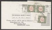 Commonwealth Postal History - 1961 Dunlopillo&nbsp;business reply postcard returned unfranked as intended with &euro;&tilde;BRISBANE/QLD AUST/10OCT/1961/POSTED/PILLAR BOX&euro;&trade; machine cancel and 1/- Postage Dues&nbsp;x3 affixed tied &euro;&tilde;BANKSTOWN/12OC61/N.S.W-AUST&euro;&trade; d/s to pay 5d 