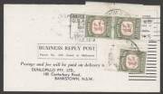 Commonwealth Postal History - 1961 Dunlopillo business reply postcard returned unfranked as intended with €˜BRISBANE/QLD AUST/10OCT/1961/POSTED/PILLAR BOX€™ machine cancel and 1/- Postage Dues x3 affixed tied €˜BANKSTOWN/12OC61/N.S.W-AUST€™ d/s to pay 5d