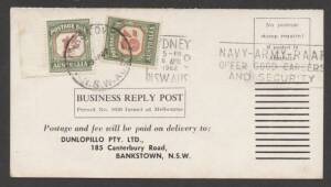 Commonwealth Postal History - 1962 Dunlopillo&nbsp;business reply postcard returned unfranked as intended with &euro;&tilde;SYDNEY/6APR/1962/NSW AUST&euro;&trade; machine cancel and Postage Dues 5/-&nbsp;& 1/- affixed tied &euro;&tilde;BANKSTOWN/-9AP62/N.S.W-AUST&euro;&trade; d/s to pay 5d domestic postcard 