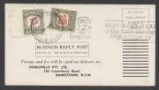 Commonwealth Postal History - 1962 Dunlopillo&nbsp;business reply postcard returned unfranked as intended with &euro;&tilde;SYDNEY/6APR/1962/NSW AUST&euro;&trade; machine cancel and Postage Dues 5/-&nbsp;& 1/- affixed tied &euro;&tilde;BANKSTOWN/-9AP62/N.S.W-AUST&euro;&trade; d/s to pay 5d domestic postcard 