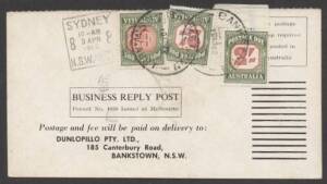 Commonwealth Postal History - 1962 Dunlopillo business reply postcard returned unfranked as intended with €˜SYDNEY/9APR/1962/NSW AUST€™ machine cancel and Postage Dues 2/- x2 & 6d affixed tied €˜BANKSTOWN/16AP62/N.S.W-AUST€™ d/s to pay 5d domestic postcar