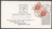 Commonwealth Postal History - 1964&nbsp;Dunlopillo&nbsp;business reply postcard returned unfranked as intended with &euro;&tilde;PERTH/WEST AUST/1FEB/1964/POSTED/IN PILLARS&euro;&trade; machine cancel and Flowers 3/- Waratah x2 affixed tied &euro;&tilde;BANKSTOWN/-4FEP64/N.S.W-AUST&euro;&trade; cds to pay 5d