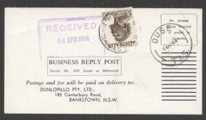 Commonwealth Postal History - 1964 Dunlopillo business reply postcard returned unfranked as intended with €˜OUSE/14AP64/TAS.€™ cds and 2/6d Aborigine affixed tied €˜BANKSTOWN/18AP64/N.S.W-AUST€™ d/s to pay 5d domestic postcard rate plus 1d business reply 