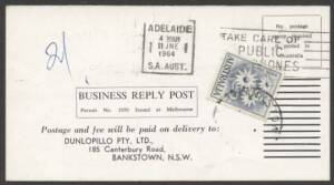 Commonwealth Postal History - 1964 Dunlopillo business reply postcard returned unfranked as intended with €˜ADELAIDE/11JNE/1964/SA AUST€™ machine cancel and 2/- Flannel Flower affixed tied €˜BANKSTOWN/N.S.W-AUST€™ cds to pay 5d domestic postcard rate plus