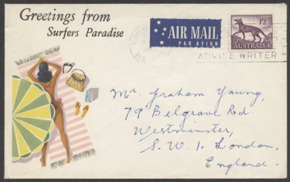 Commonwealth Postal History - 1965 €˜Greetings from Surfers Paradise€™ illustrated tourist cover showing sunbathing woman sent airmail to England with flap unsealed and single franking Zoologicals 1/2d Tasmanian Tiger tied €˜ machine cancel paying the red