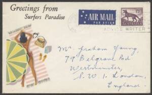 Commonwealth Postal History - 1965&nbsp;&euro;&tilde;Greetings from&nbsp;Surfers Paradise&euro;&trade;&nbsp;illustrated tourist cover&nbsp;showing sunbathing woman sent airmail to England with flap unsealed and single franking Zoologicals 1/2d Tasmanian Tiger tied &euro;&tilde; machine cancel paying&nbsp;the red