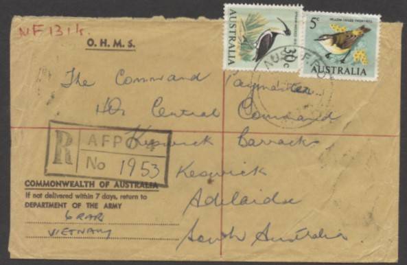 Commonwealth Postal History - 1967 OHMS Department of the Army cover endorsed "6 RAR/VIETNAM" at L/L with Birds 5c & 30c tied by 'AUST FPO/4' cds and very fine AFPO4 registration cachet, minor blemishes. Rare commercial mail.