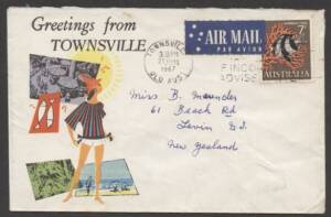 Commonwealth Postal History - 1967 €˜Greetings from Townsvile€™ illustrated tourist cover showing woman in beach dress sent airmail to New Zealand with single franking 7c Humbug Fish tied €˜TOWNSVILLE/12JUN/1967/QLD AUST€™ machine cancel, couple of minor 