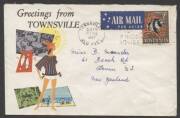 Commonwealth Postal History - 1967 €˜Greetings from Townsvile€™ illustrated tourist cover showing woman in beach dress sent airmail to New Zealand with single franking 7c Humbug Fish tied €˜TOWNSVILLE/12JUN/1967/QLD AUST€™ machine cancel, couple of minor