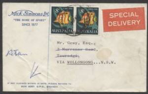 Commonwealth Postal History - 1967 Mick Simmons Ltd €˜The Home Of Sport€™ merchant cover sent to Towradgi, NSW with red €˜SPECIAL DELIVERY€™ label, blue pencil lines on face and 8c Coral Fish x2 tied €˜RHODES/13JE67/NSW-AUST€™ cds paying 4c domestic lette