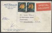Commonwealth Postal History - 1967 Mick Simmons Ltd &euro;&tilde;The Home Of Sport&euro;&trade;&nbsp;merchant cover sent&nbsp;to Towradgi, NSW with red &euro;&tilde;SPECIAL DELIVERY&euro;&trade; label, blue pencil lines on face and 8c Coral Fish x2 tied &euro;&tilde;RHODES/13JE67/NSW-AUST&euro;&trade; cds&nbsp;paying 4c domestic lette