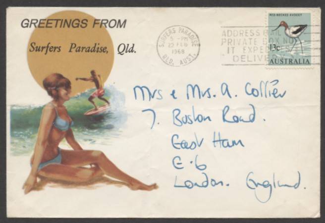 Commonwealth Postal History - 1968 €˜Greetings from Surfers Paradise€™ illustrated tourist cover showing bikini woman & surfing man sent airmail to England with flap unsealed and single franking Birds 13c Avocet tied €˜SURFERS PARADISE/22FEB/1968/QLD AUST