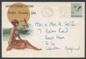 Commonwealth Postal History - 1968&nbsp;&euro;&tilde;Greetings from&nbsp;Surfers Paradise&euro;&trade;&nbsp;illustrated tourist cover&nbsp;showing bikini woman & surfing man sent airmail to England with flap unsealed and single franking Birds 13c Avocet tied &euro;&tilde;SURFERS PARADISE/22FEB/1968/QLD AUST