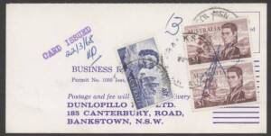 Commonwealth Postal History - 1968 Dunlopillo business reply postcard returned unfranked as intended with Navigators $1 Flinders pair and 40c Tasman pair affixed tied BANKSTOWN/2MR68/NSW-AUST cds struck over pen cancels paying 5c domestic postcard rate pl