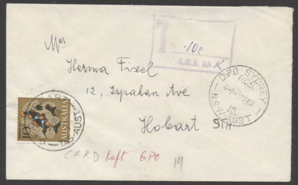 Commonwealth Postal History - 1968 cover sent unfranked to Hobart, Tasmania with €˜GPO SYDNEY/RCS/3SE68/NSW-AUST€™ cds where taxed with boxed "T 10c/RCS 3A" cachet in violet charging double 5c domestic letter rate deficiency, on arrival 10c Anemone Fish a
