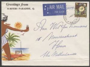 Commonwealth Postal History - 1969&nbsp;&euro;&tilde;Greetings from&nbsp;Surfers Paradise&euro;&trade;&nbsp;illustrated tourist cover&nbsp;showing sunbathing woman sent airmail to Holland with flap unsealed and single franking Flowers 15c Blue Gum tied &euro;&tilde;NORTH BEACH/-4NO69/WA-AUST&euro;&trade; cds paying&nbsp;Zo