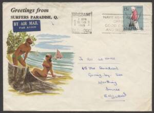 Commonwealth Postal History - 1969&nbsp;&euro;&tilde;Greetings from&nbsp;Surfers Paradise&euro;&trade;&nbsp;illustrated tourist cover&nbsp;showing bikini woman, speedo man & sailing boats sent airmail to England with flap unsealed and single franking Birds 15c Galah tied &euro;&tilde;BRISBANE/20FEB/1969/QLD