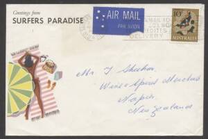 Commonwealth Postal History - 1970 €˜Greetings from Surfers Paradise€™ illustrated tourist cover showing woman sunbathing on towel sent airmail to New Zealand with flap unsealed and single franking 10c Anemone Fish tied €˜SURFERS PARADISE/18JUN/1970/QLD 4