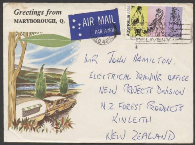 Commonwealth Postal History - 1971 €˜Greetings from Maryborough€™ illustrated tourist cover showing car & caravan sent airmail to New Zealand with flap unsealed and single franking AustraliaAsia 7c Theatre tied €˜MARYBOROUGH/11SEP/1971/QKD-4650€™ machine