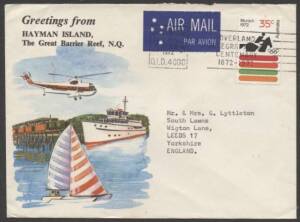 Commonwealth Postal History - 1972 €˜Greetings from Hayman Island, The Great Barrier Reef NQ' illustrated tourist cover showing sailing boat, cruise ship & helicopter sent airmail to England with single franking Munich Olympics 35c Equestrian tied 'BRISBA
