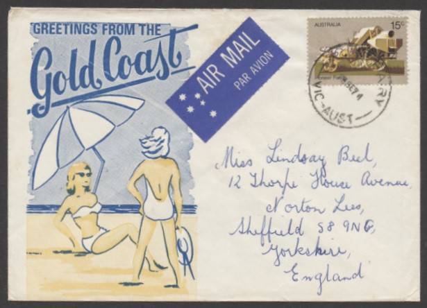 Commonwealth Postal History - 1974 €˜Greetings from The Gold Coast€™ illustrated tourist cover showing sunbathing women with umbrella sent airmail to England with flap unsealed and single franking Pioneers 15c Food tied 'PORT FAIRY/13SE74/VIC-AUST€™ cds,