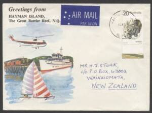 Commonwealth Postal History - 1976&nbsp;&euro;&tilde;Greetings from Hayman Island, The Great Barrier Reef NQ'&nbsp;illustrated tourist cover&nbsp;showing sailing boat, cruise ship & helicopter sent airmail to New Zealand with single franking Marsupials 20c Wombat tied 'HAYMAN ISLA