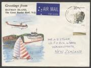 Commonwealth Postal History - 1976 €˜Greetings from Hayman Island, The Great Barrier Reef NQ' illustrated tourist cover showing sailing boat, cruise ship & helicopter sent airmail to New Zealand with single franking Marsupials 20c Wombat tied 'HAYMAN ISLA