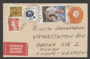 Commonwealth Postal History - 1977 commercial usage of 18c Envelope to Germany uprated with 3c Crab, 4c QE, 10c Sapphire & $1 Painting with red/white 'OVERSEAS/EXPRESS/DELIVERY' label. An unappreciated rarity.