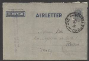 Aerogrammes - 1946 KGVI 7d Air Letter ACSC A3 sent to Italy by Italian Prisoner of War held in Victoria with €˜APPROVED FOR TRANSMISSION BY CAMP COMMANDANT/No5 PW Camp Myrtleford€™ cachet in violet on face and €˜MYRTLEFORD/-4JE46/VIC.€™ d/s, lengthy hand-