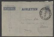 Aerogrammes - 1946 KGVI 7d Air Letter ACSC A3 sent to Italy by Italian Prisoner of War held in Victoria with &euro;&tilde;APPROVED FOR TRANSMISSION BY CAMP COMMANDANT/No5 PW Camp Myrtleford&euro;&trade; cachet in violet on face and &euro;&tilde;MYRTLEFORD/-4JE46/VIC.&euro;&trade; d/s, lengthy hand-