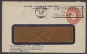 Envelopes - Official - 1932 KGV Oval 2d red &euro;&tilde;OS&euro;&trade; in die window-face envelope ACSC&nbsp;EO19 (&euro;&oelig;X-Ray&euro;&trade; logo in window) printed to private order (PTPO) for Commonwealth Sub-Treasury,&nbsp;Brisbane with printed &euro;&tilde;ON HIS MAJESTY&euro;&trade;S SERVICE&euro;&trade; endorsement used with &euro;&tilde;