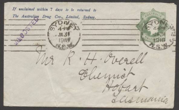 Envelopes - PTPO - 1916 KGV ½d green €˜Star€™ envelope (without "Postage" in die; ACSC ES25; Cat $200) printed to private order (PTPO) with €˜The Australian Drug Coy€™ imprint in blue sent to Hobart, Tasmania with flap unsealed, €˜SYDNEY/JA31/1918/NSW€™