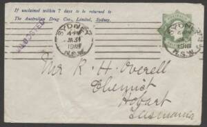 Envelopes - PTPO - 1916 KGV ½d green €˜Star€™ envelope (without "Postage" in die; ACSC ES25; Cat $200) printed to private order (PTPO) with €˜The Australian Drug Coy€™ imprint in blue sent to Hobart, Tasmania with flap unsealed, €˜SYDNEY/JA31/1918/NSW€™ 