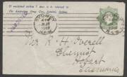 Envelopes - PTPO - 1916 KGV &frac12;d green &euro;&tilde;Star&euro;&trade; envelope (without "Postage" in die; ACSC ES25; Cat $200) printed to private order (PTPO) with &euro;&tilde;The Australian Drug Coy&euro;&trade; imprint in blue sent to Hobart, Tasmania with flap unsealed, &euro;&tilde;SYDNEY/JA31/1918/NSW&euro;&trade; 