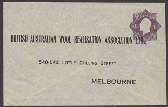 Envelopes - PTPO - 1922 KGV €˜Star€™ 1d violet envelope ACSC ES41 (Postage€™ in die) printed to private order (PTPO) for British Australian Wool Realisation Association Ltd. with printed return address on face usused with flap unsealed, a couple of light