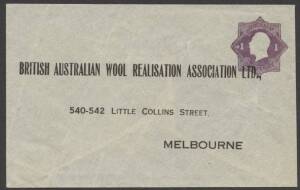 Envelopes - PTPO - 1922 KGV &euro;&tilde;Star&euro;&trade; 1d&nbsp;violet envelope ACSC&nbsp;ES41 (Postage&euro;&trade; in die) printed to private order (PTPO) for British Australian Wool Realisation Association Ltd. with printed return address on face usused with flap unsealed, a couple of light 