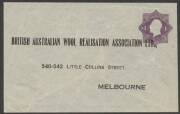 Envelopes - PTPO - 1922 KGV &euro;&tilde;Star&euro;&trade; 1d&nbsp;violet envelope ACSC&nbsp;ES41 (Postage&euro;&trade; in die) printed to private order (PTPO) for British Australian Wool Realisation Association Ltd. with printed return address on face usused with flap unsealed, a couple of light 