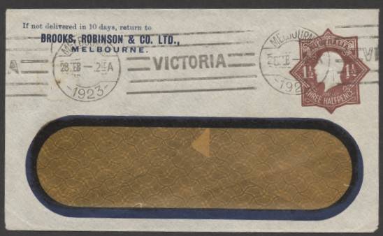 Envelopes - PTPO - 1923 KGV €˜Star€™ 1½d brown (€˜Postage€™ in die) ACSC ES54 window-face envelope printed to private order (PTPO) for Brooks, Robinson & Co Ltd with €˜UNITED HIGH GRADE PAINTS and STAINERS€™ advertising on back flap sent with flap unseale