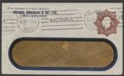 Envelopes - PTPO - 1923 KGV &euro;&tilde;Star&euro;&trade; 1&frac12;d&nbsp;brown (&euro;&tilde;Postage&euro;&trade; in die) ACSC ES54 window-face envelope printed to private order (PTPO) for&nbsp;Brooks, Robinson & Co Ltd with &euro;&tilde;UNITED HIGH GRADE PAINTS and STAINERS&euro;&trade; advertising on back flap sent with flap unseale