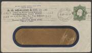 Envelopes - PTPO - 1925 KGV &euro;&tilde;Star&euro;&trade; 1d&nbsp;green window-face envelope (&euro;&tilde;Postage&euro;&trade; in die) ACSC&nbsp;ES43 printed to private order (PTPO) for&nbsp;AG Healing & Co inscribed &euro;&tilde;CYCLE AND MOTOR TRADE SUPPLIERS&euro;&trade; sent flap unsealed&nbsp;tied&nbsp;&euro;&tilde;MELBOURNE/16AP/1925&euro;&trade; slogan roll
