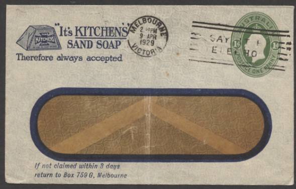 Envelopes - PTPO - 1929 KGV Oval 1d green window-face envelope ACSC ES64 printed to private order (PTPO) for Kitchen's Sand Soap with illustration of bar of soap sent flap unsealed with €˜MELBOURNE/9APR/1929/VICTORIA€™ slogan cancel paying domestic printe