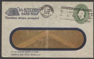 Envelopes - PTPO - 1929 KGV Oval 1d green window-face envelope ACSC ES64 printed to private order (PTPO) for Kitchen's Sand Soap with illustration of bar of soap sent flap unsealed with €˜MELBOURNE/9APR/1929/VICTORIA€™ slogan cancel paying domestic printe