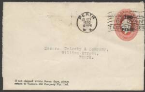 Envelopes - PTPO - 1930 KGV Oval 'TWO PENCE' overprint on 1&frac12;d red envelope ACSC&nbsp;ES70 printed to private order (PTPO) for&nbsp;Vacuum Oil Company Pty Ltd&nbsp;sent locally with &euro;&tilde;PERTH/22OCT/1930/30&euro;&trade; slogan cancel&nbsp;paying the domestic letter rate, opened on three si