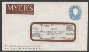Envelopes - PTPO - 1960 QE2 5d light blue window-face envelope&nbsp;ACSC&nbsp;ES98 printed to private order (PTPO) for Myer's Melbourne 'For Value and Friendly Service' with illustration of Department Stores visible through window mint unused, flap stuck down other