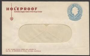 Envelopes - PTPO - 1960 QE2 5d light blue window-face envelope ACSC ES98 printed to private order (PTPO) for Holeproof €˜Australia's Largest Maker of Fine Things to Wear€™, Brunswick, Victoria with illustration of red Heart logo on face mint unused, flap 